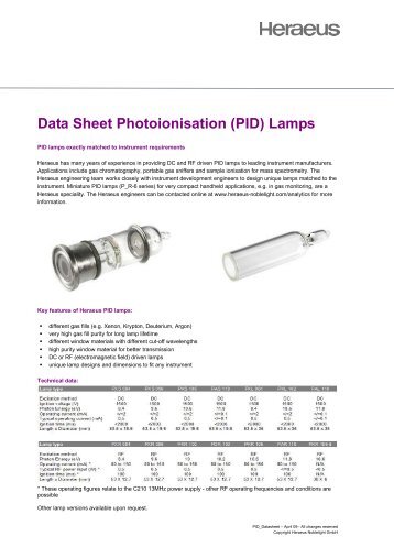 Data Sheet Photoionisation (PID) Lamps - Heraeus Noblelight