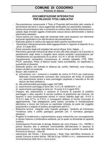 Documentazione necessaria titoli abilitativi - Comune di Cogorno