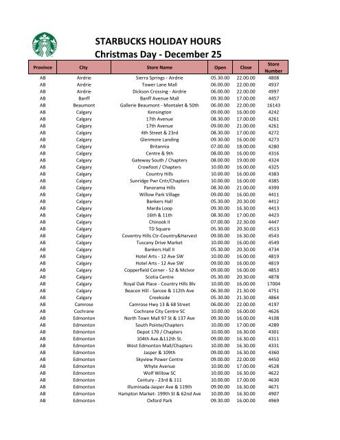 Starbucks Holiday Hours Christmas Day December 25