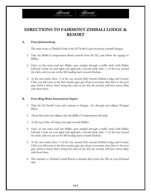 DIRECTIONS TO FAIRMONT ZIMBALI LODGE & RESORT - AFMA