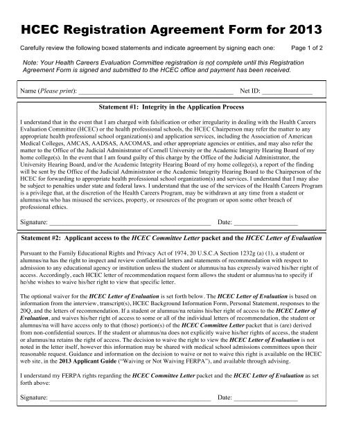 HCEC Registration Agreement Form for 2013 - Cornell Career ...