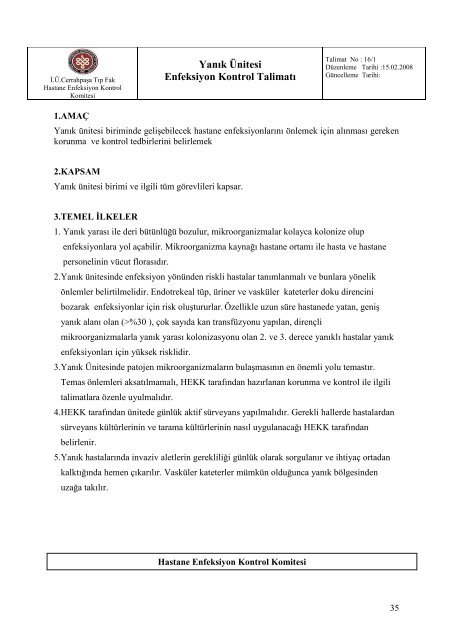 16/1-YanÃ„Â±k ÃƒÂœnitesi Enfeksiyon Kontrol TalimatÃ„Â± - Ã„Â°.ÃƒÂœ. CerrahpaÃ…ÂŸa TÃ„Â±p ...