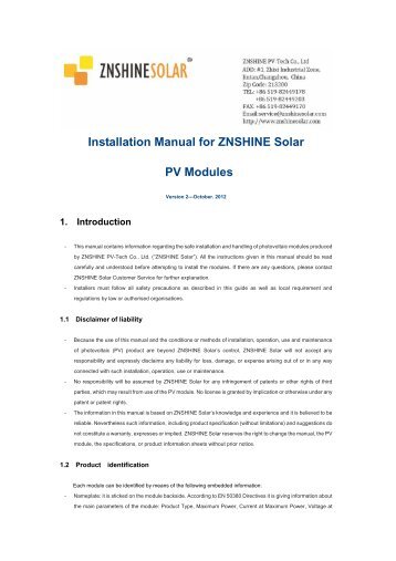 Installation Manual for ZNSHINE Solar PV Modules - GS Energy