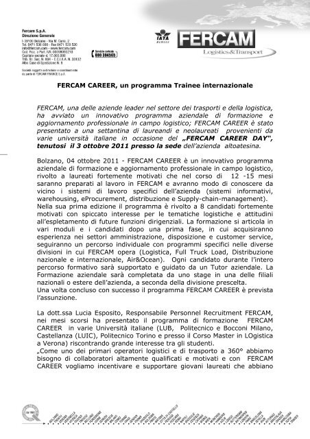 FERCAM CAREER, un programma Trainee internazionale FERCAM ...