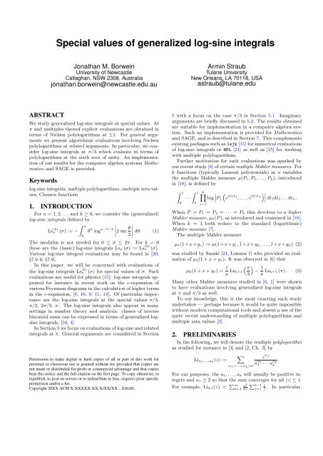 Special values of generalized log-sine integrals - CARMA ...