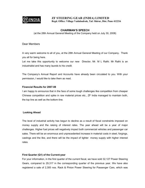 view - ZF Steering Gear (India) Ltd.