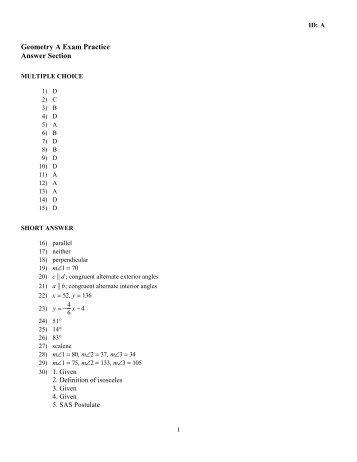 Geometry A Exam Practice Answer Section