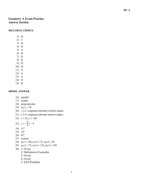 Geometry A Exam Practice Answer Section