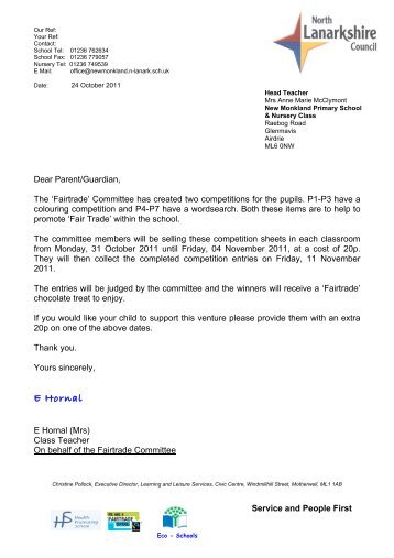Letter re. Fairtrade Competition - New Monkland Primary School