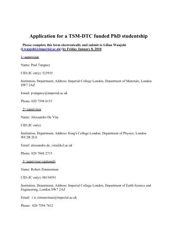 Application for a TSM DTC PhD studentship - Imperial College London