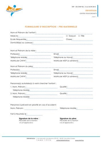 FORMULAIRE D'INSCRIPTION â PRE MATERNELLE