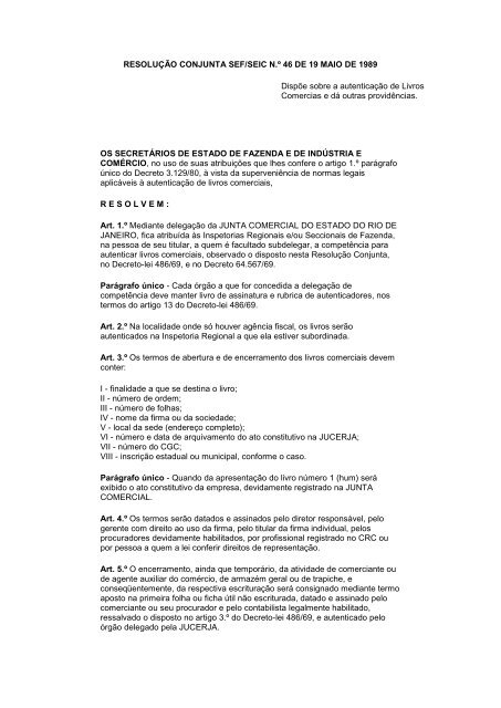 RESOLUÃÃO CONJUNTA SEF/SEIC N.Âº 46 DE 19 MAIO ... - Jucerja