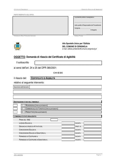 OGGETTO: Domanda di rilascio del Certificato di ... - CittÃ  di Cerignola