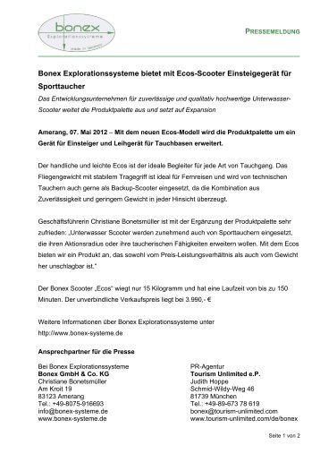 Bonex Explorationssysteme bietet mit Ecos-Scooter Einsteigegerät ...