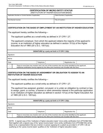 Form PtoSb  United States Patent And Trademark Office