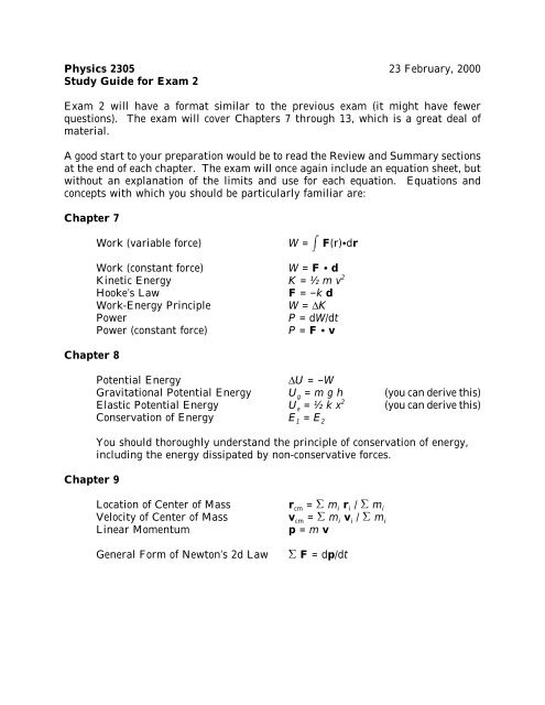 Physics 2305 23 February, 2000 Study Guide for Exam 2 Exam 2 ...
