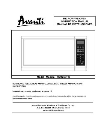 MO1250TW MICROWAVE OVEN INSTRUCTION ... - Avanti Products