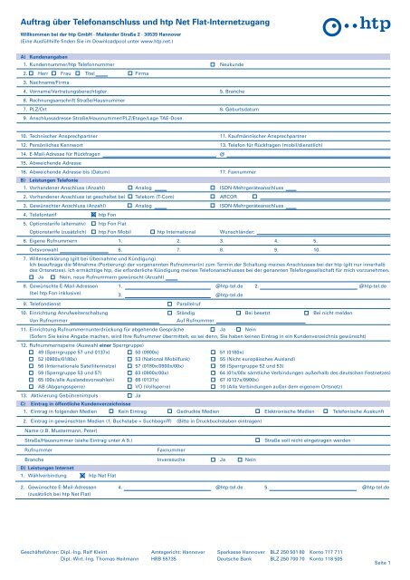 Auftrag über Telefonanschluss und htp Net Flat-Internetzugang