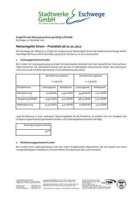 Netzentgelte Strom â Preisblatt ab 01.01.2012 - Stadtwerke ...