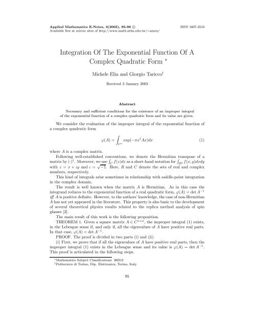 Integration Of The Exponential Function Of A Complex Quadratic Form