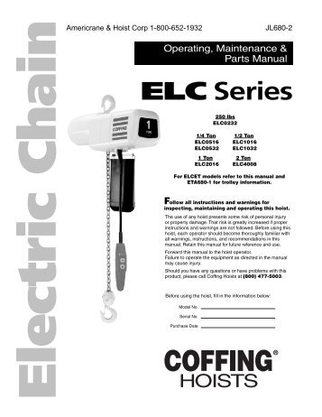 ELC Series, JL 680-2 - Coffing Hoists, Coffing Hoist Parts