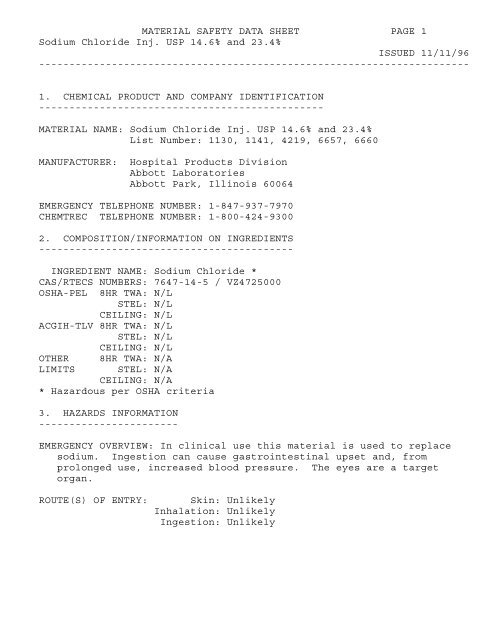 Sodium Chloride for Injection MSDS - Mountainside Medical ...