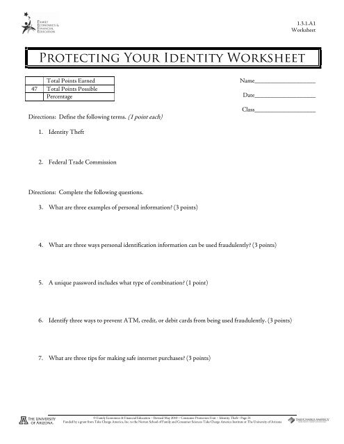 Protecting Your Identity Worksheet - LSHS