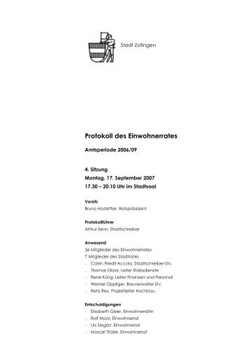 Protokoll des Einwohnerrates - Zofingen