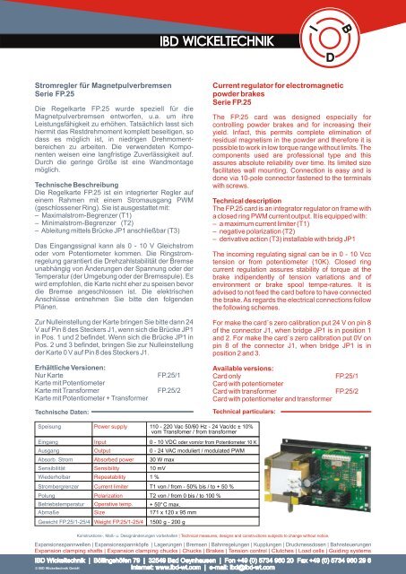 Stromregler für Magnetpulverbremsen Serie FP.25  Current regulator ...