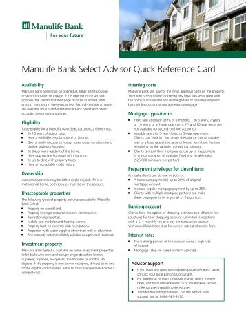 Manulife Bank Select Advisor Quick Reference Card - Repsource