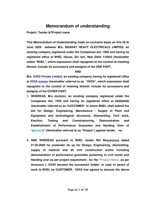 Memorandum of understanding - BHEL - Industrial Systems Group