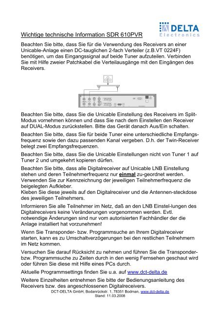 Techn. Hinweise SDR 610PVR - DCT Delta