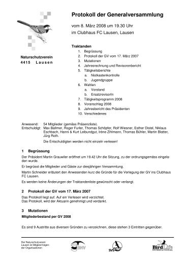 Protokoll GV 2008 - Naturschutzverein Lausen