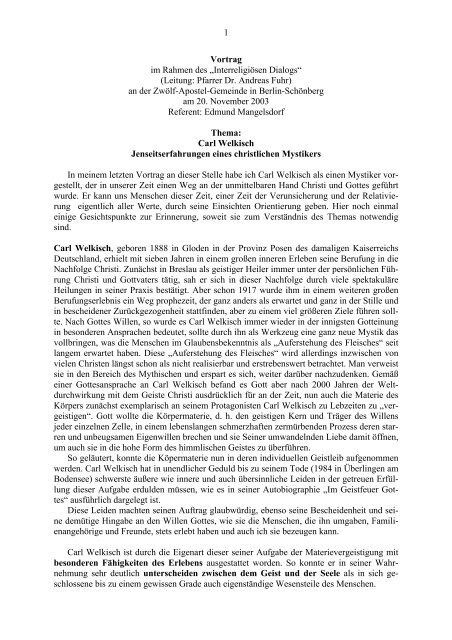 2. Vortrag: Jenseitserfahrungen des Mystikers Carl Welkisch
