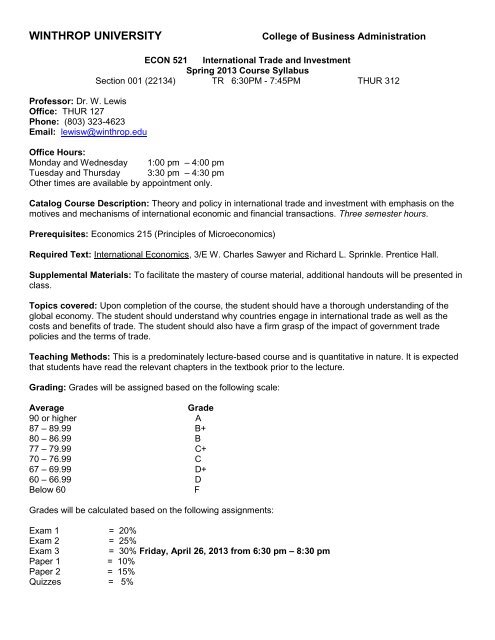 Winthrop Exam Schedule Spring 2022 Econ 521: International Trade And Investment - Winthrop University