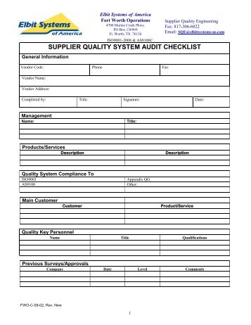 supplier quality system audit checklist - Elbit Systems of America