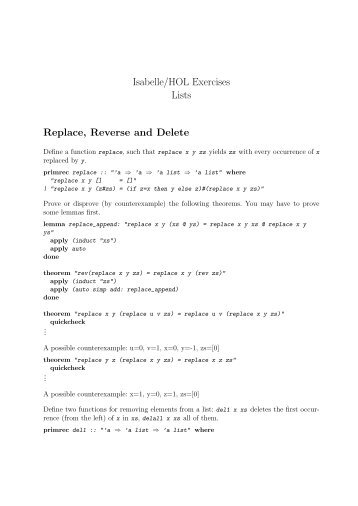 Isabelle/HOL Exercises Lists Replace, Reverse and Delete