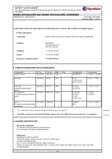 msds sigma novaguard 840 hardener - SIGMA PAINTS