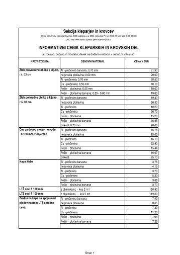 INFORMATIVNI CENIK KLEPARSKIH IN KROVSKIH DEL ... - OZS