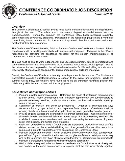 Conference Coordinator Job Description Bryant Bryant University