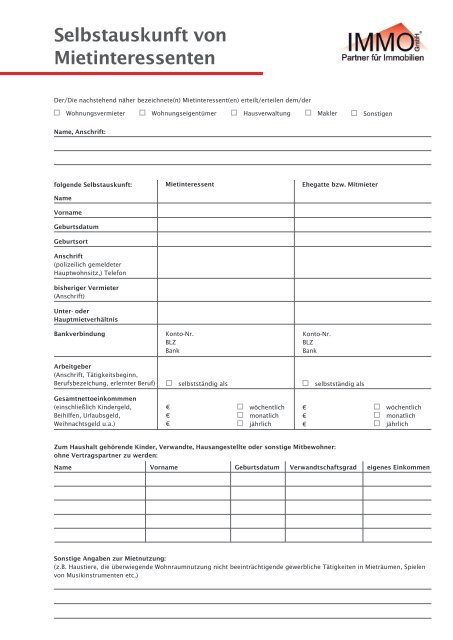 Selbstauskunft von Mietinteressenten - Immo GmbH