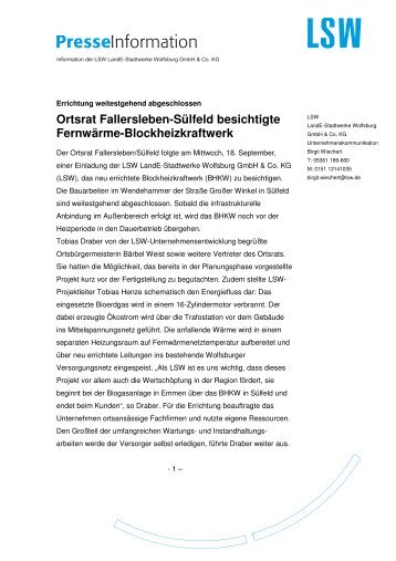 Ortsrat Fallersleben-Sülfeld besichtigte Fernwärme ... - LSW Netz