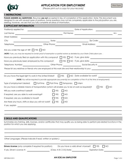 APPLICATION FOR EMPLOYMENT - ISC