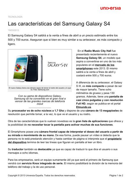 Las caracterÃsticas del Samsung Galaxy S4 - Noticias Universia