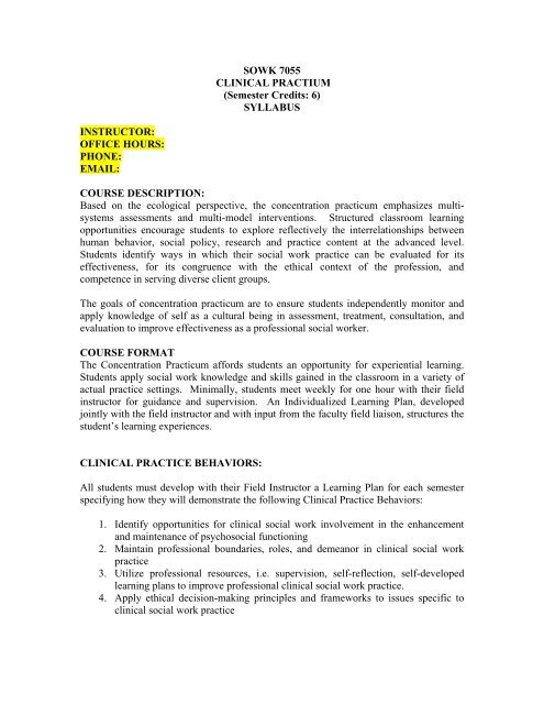 SOWK 7055 Clinical Practicum Syllabus - University of Georgia ...