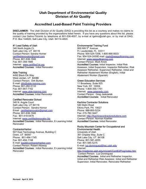 Lead-Based Paint Training Course Providers - Division of Air Quality ...