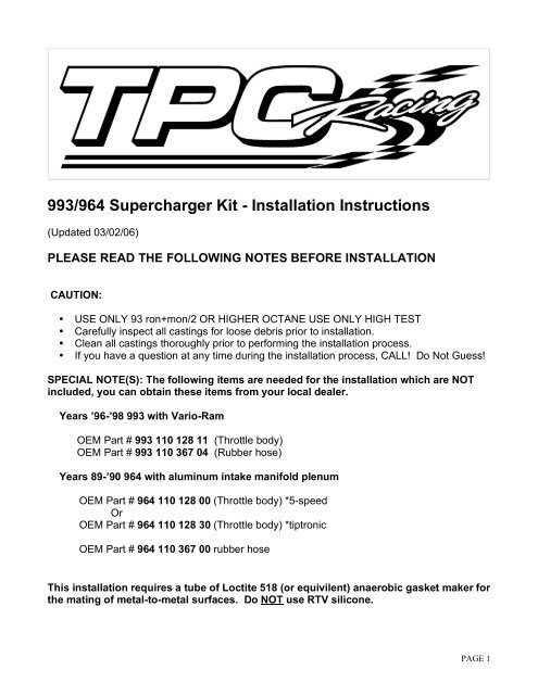 993/964 Supercharger Kit - Installation Instructions - Vivid Racing