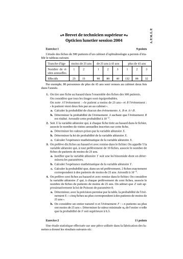 Brevet de technicien supÃ©rieur Opticien lunetier session 2004 - apmep