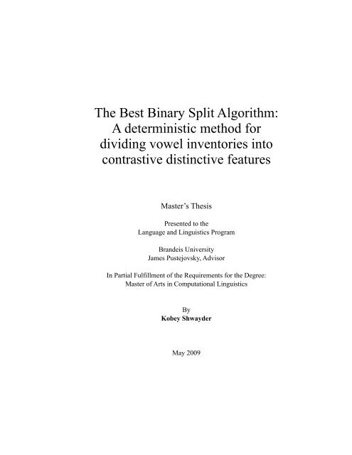 The Best Binary Split Algorithm - Brandeis Institutional Repository ...