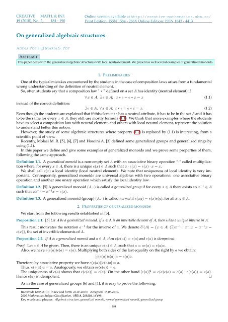 On generalized algebraic structures - Creative Math. and Inf.